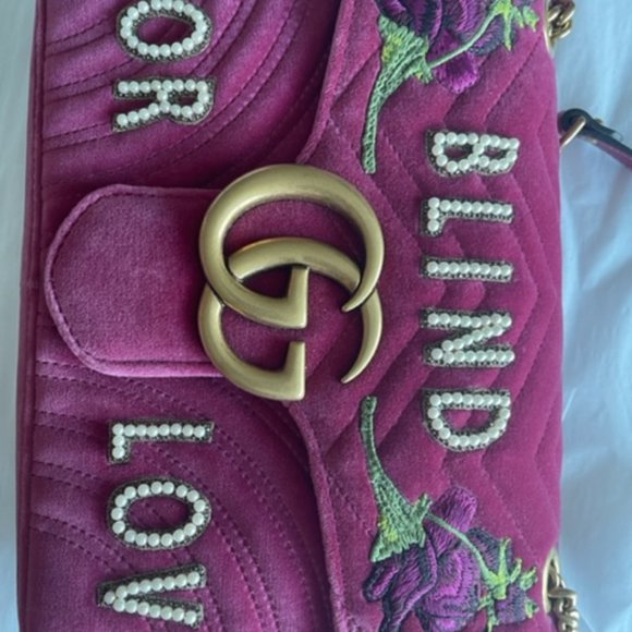 Gucci Blind For Love Pink Rose Velvet Handbag Bag Marmont GG Gold Purse Italy NW - Picture 9 of 15